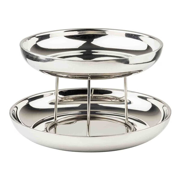 A two-tier round stainless steel seafood tower with double-walled construction.