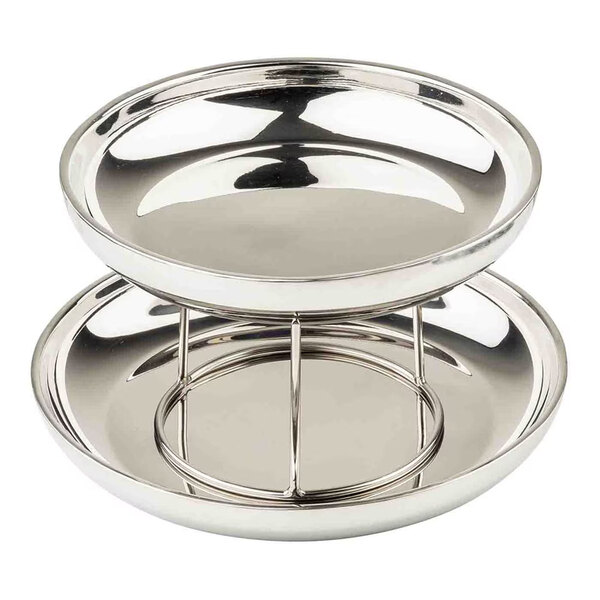 A two-tier round stainless steel seafood tower with double-walled construction.