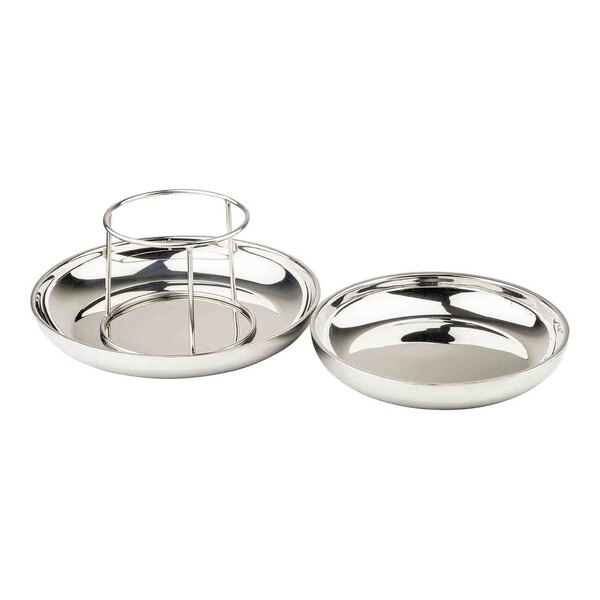 A two-tier, round, double-walled stainless steel seafood tower with separate trays and a central stand.