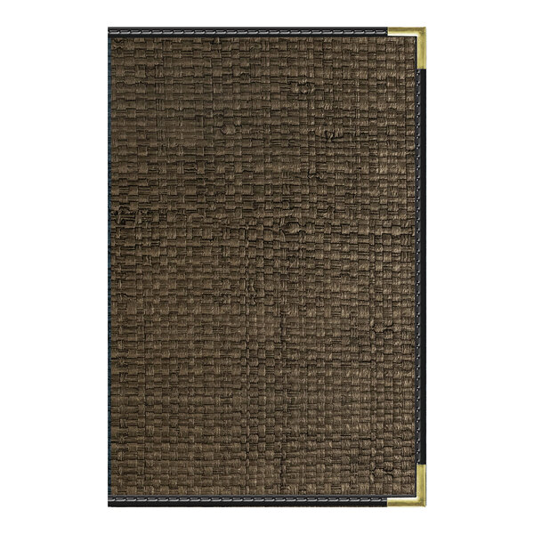 A brown rattan-textured pocket menu cover with black trim and gold corner accents, sized 5.5 x 8.5 inches.