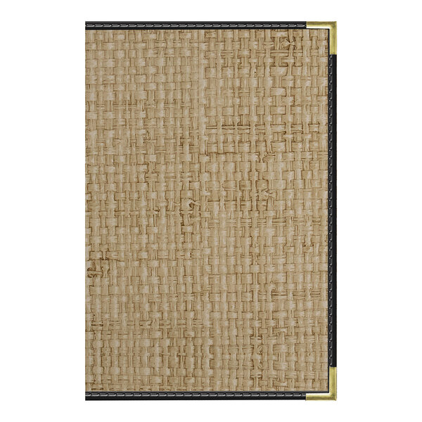 A pocket-sized menu cover with a woven rattan desert pattern, black trim, gold corners, and an unpadded design.