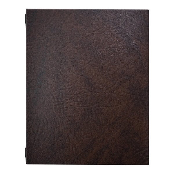 A dark brown, leather-textured menu cover with four eyelets along the spine.