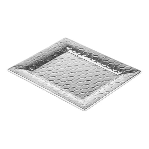 A rectangular stainless steel serving tray with a honeycomb pattern.