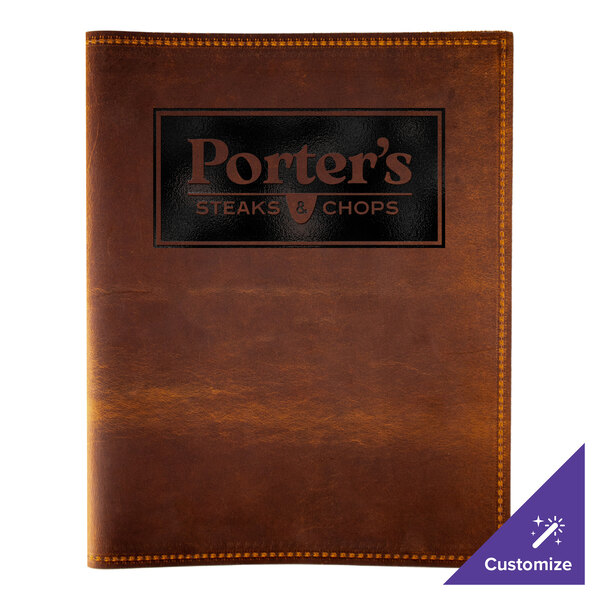 H. Risch, Inc. Genuine Leather 8 1/2" x 11" Customizable Brown 3-Ring Binder Menu Cover - 25/Case