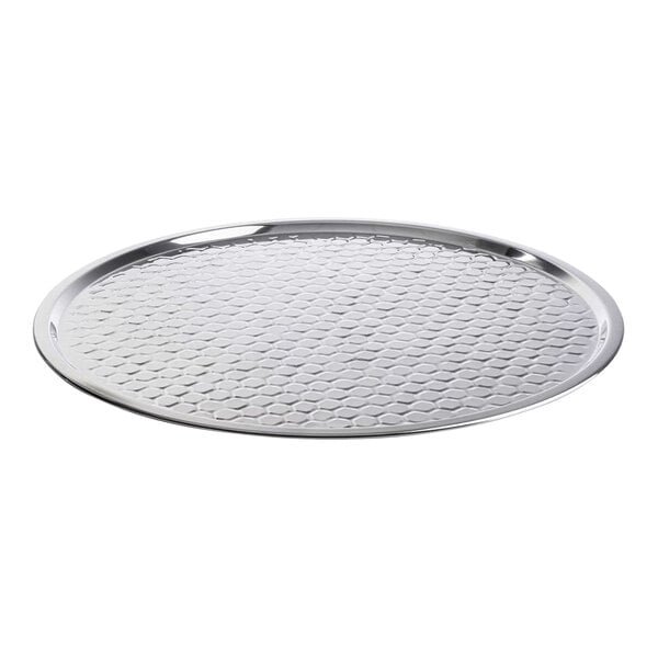 A round stainless steel serving tray with a honeycomb pattern.