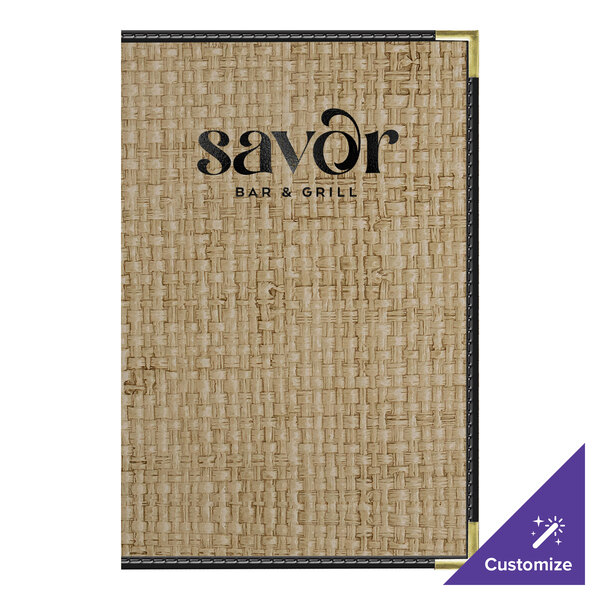 H. Risch, Inc. Rattan 5 1/2" x 8 1/2" Customizable Desert 4-View Menu Cover with Black Trim - 25/Case