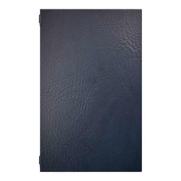 A navy blue customizable menu cover with a textured finish and eyelets.