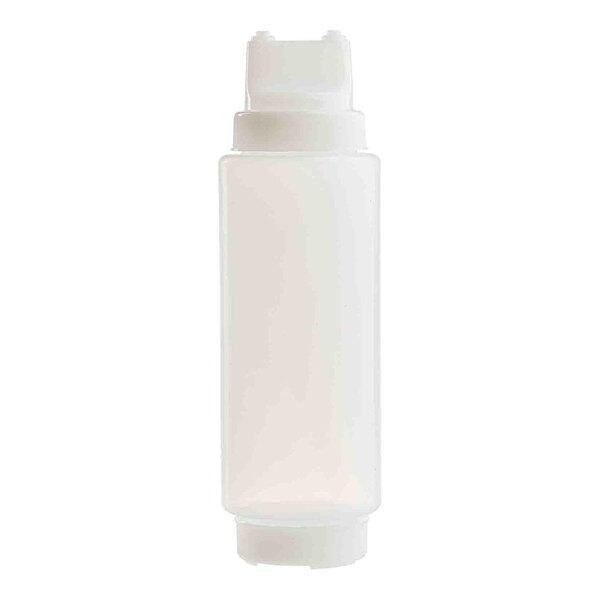 A clear plastic squeeze bottle with two tip openings and wide mouth, designed for dispensing condiments.