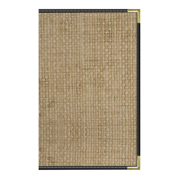 A customizable rattan menu cover with black trim and gold corner accents, sized 8 1/2" x 14".