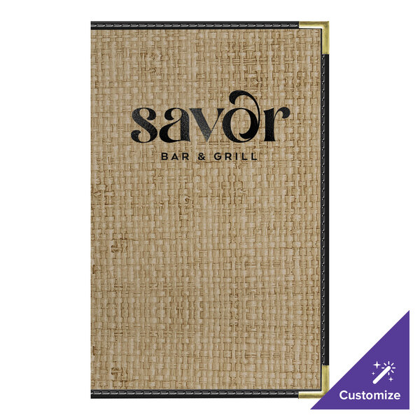 H. Risch, Inc. Rattan 8 1/2" x 14" Customizable Desert 4-View Menu Cover with Black Trim - 25/Case