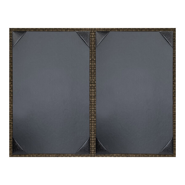 A double panel, unpadded menu cover with a rattan mocha border and two display views.
