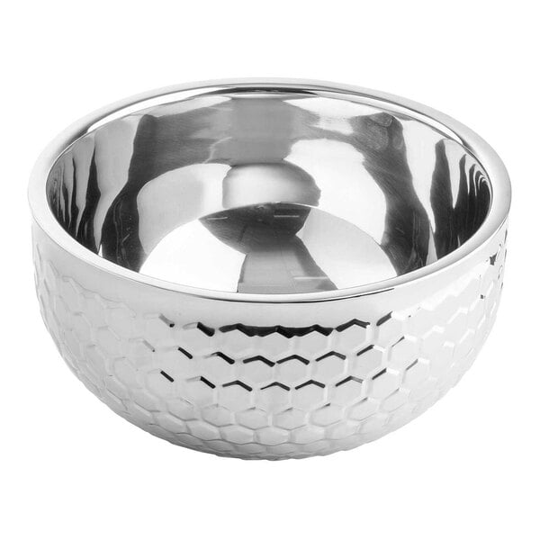 A round, double-walled stainless steel serving bowl with a honeycomb pattern on the exterior.