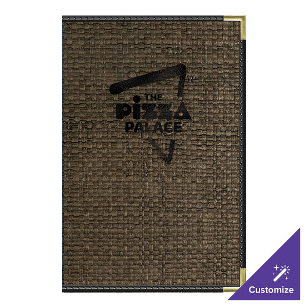 H. Risch, Inc. Rattan 5 1/2" x 8 1/2" Customizable Mocha 4-View Menu Cover with Black Trim - 25/Case