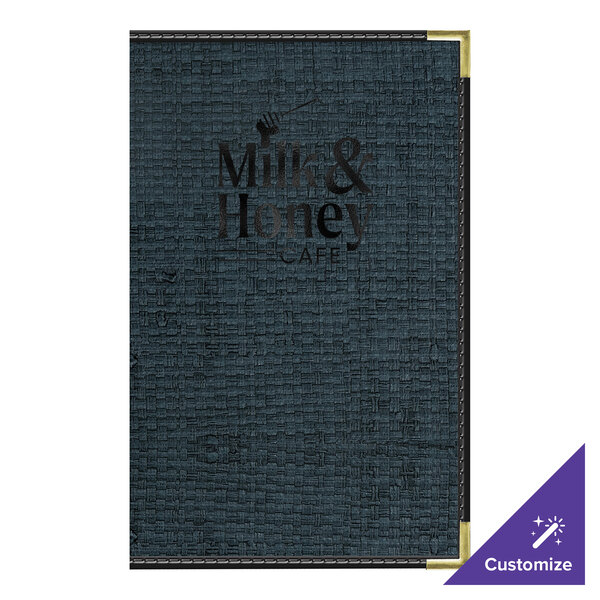 H. Risch, Inc. Rattan 8 1/2" x 14" Customizable Oxford 4-View Menu Cover with Black Trim - 25/Case