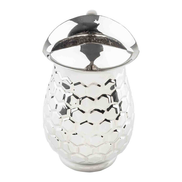 A stainless steel pitcher with a honeycomb pattern and an ice guard lid.