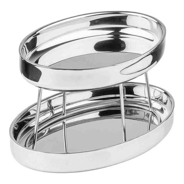 A two-tiered, oval-shaped, double-walled stainless steel seafood tower.