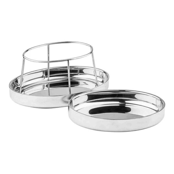 A two-tier oval stainless steel seafood tower with double-walled trays.