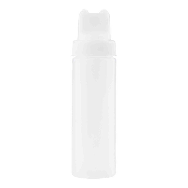 A translucent plastic squeeze bottle with a wide mouth and dual-tip top.