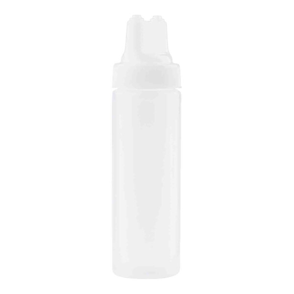 A clear plastic squeeze bottle with a wide mouth and a dual-tip top.