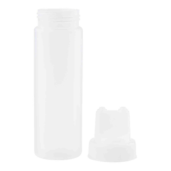 A clear plastic squeeze bottle with a wide mouth and a separate two-tip cap.