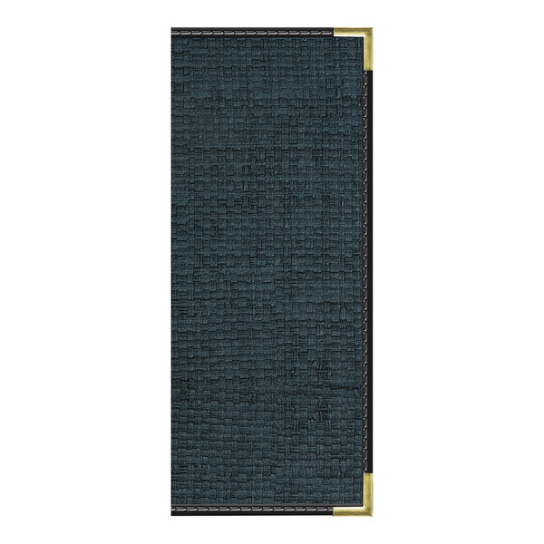 A rectangular, textured black menu cover with black trim and metal corner protectors.