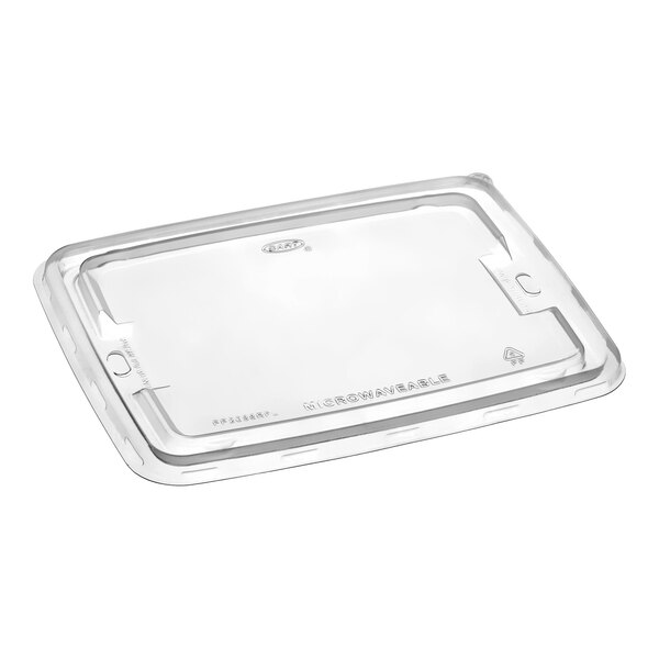 A clear rectangular polypropylene plastic vented flat lid.