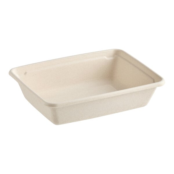 A rectangular, beige compostable fiber take-out container.