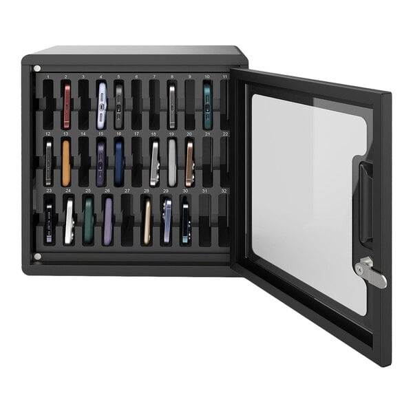 Luxor CellGuard 15" x 9" x 16 1/8" 32-Bay Black Steel Wall-Mount Cell Phone Storage Cabinet with Keyed Lock and Wall Bracket CHZZ002