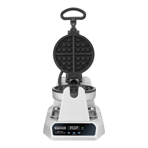 A single Belgian waffle maker with a non-stick surface and an automatic countdown timer.