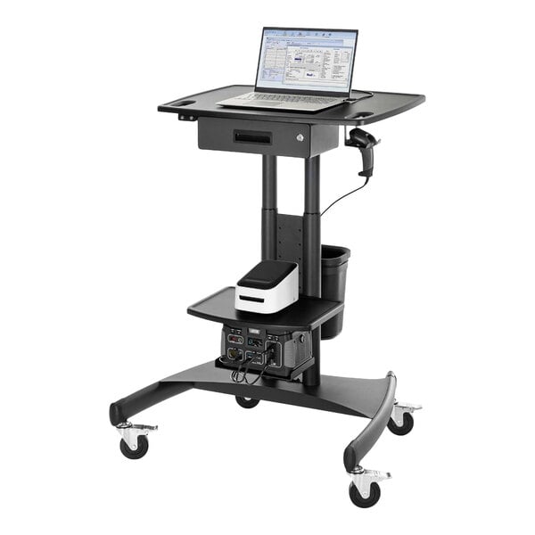 Luxor Powered Mobile Warehouse Workstation Cart with Rechargeable Lithium-Ion Battery, Locking Drawer, and Waste Basket UCSP001