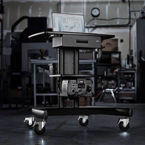 Luxor Powered Mobile Warehouse Workstation Cart with Rechargeable Lithium-Ion Battery, Locking Drawer, and Waste Basket UCSP001