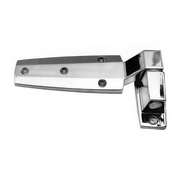 A close-up of a metal rectangular AllPoints door hinge with screws.