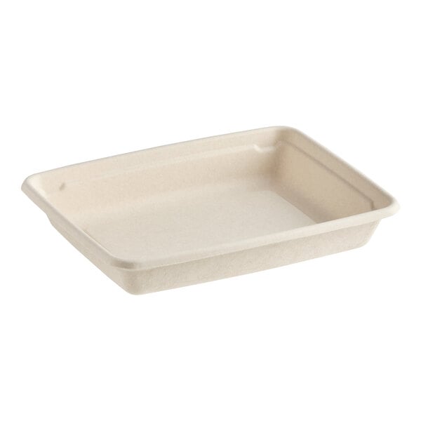 A rectangular compostable fiber take-out container.