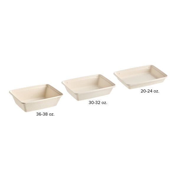 A rectangular compostable fiber take-out container with a 20-24 oz. capacity.