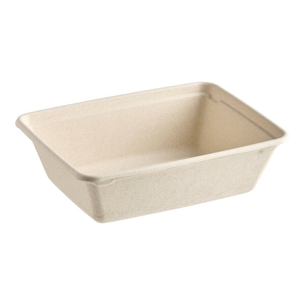 A rectangular compostable fiber take-out container.