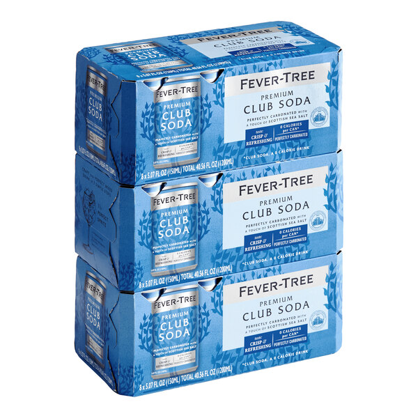 A case of Fever-Tree Premium Club Soda cans, each containing 5 fl. oz., with 24 cans in total.