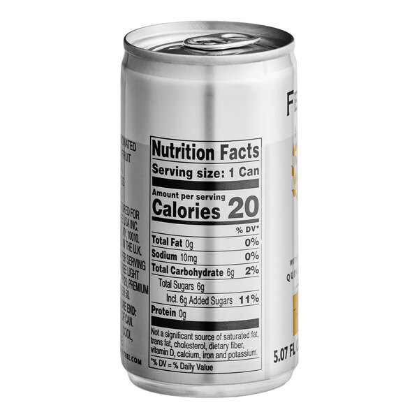 A small silver can of Fever-Tree Light Premium Tonic Water with a visible nutrition facts label.