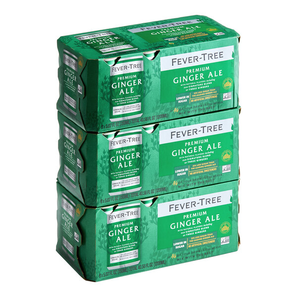 A case of Fever-Tree Premium Ginger Ale cans, each containing 5 fl. oz., with 24 cans in total.