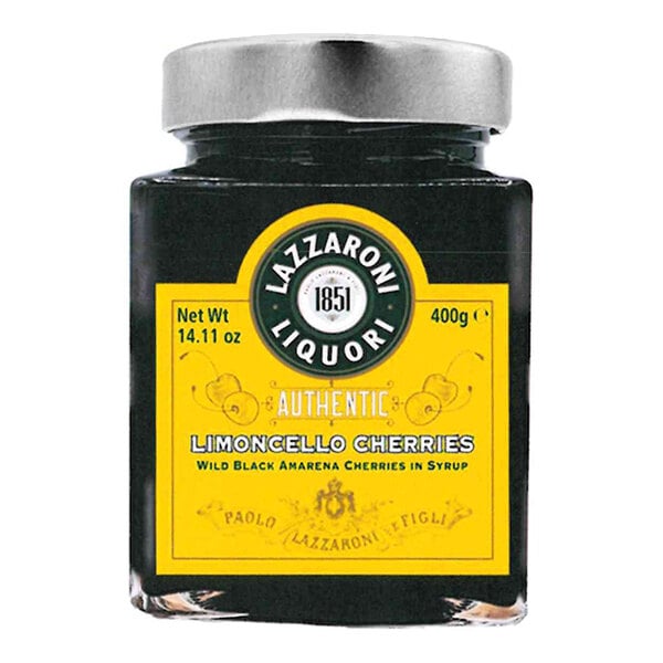 A jar of Lazzaroni Limoncello Cherries containing 400 grams of wild black amarena cherries in syrup.