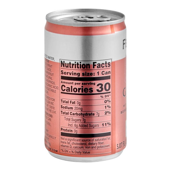 A small can with a pink and silver design displaying nutrition facts, including 30 calories per serving.