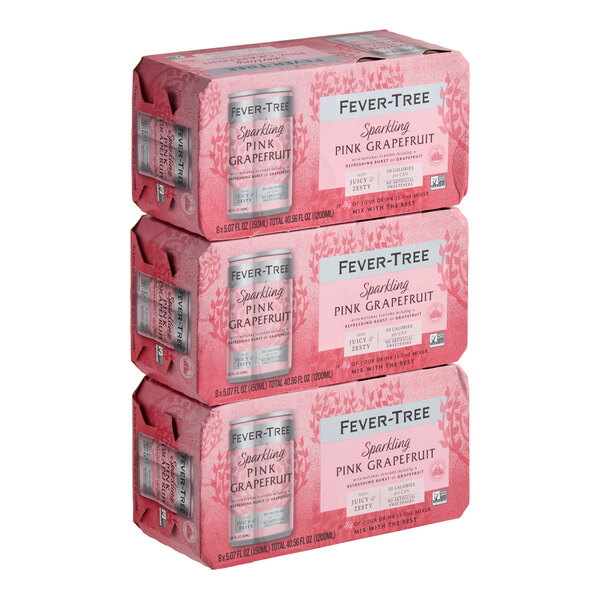 Three packs of Fever-Tree Sparkling Pink Grapefruit soda cans are stacked, each pack containing eight 5 fl. oz. cans.