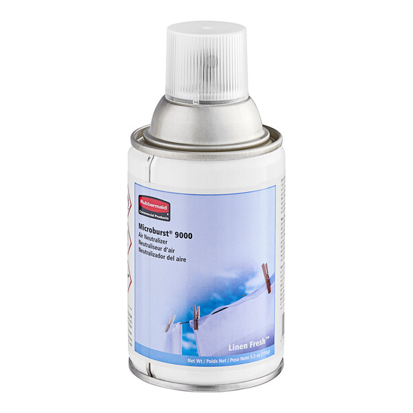 A canister of Rubbermaid Microburst 9000 Linen Fresh metered aerosol air freshener refill.