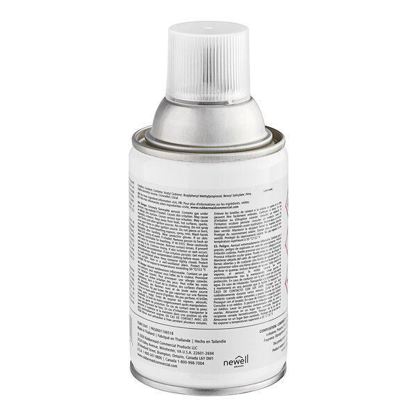 A canister of Rubbermaid Microburst 9000 Linen Fresh metered aerosol air freshener system refill.