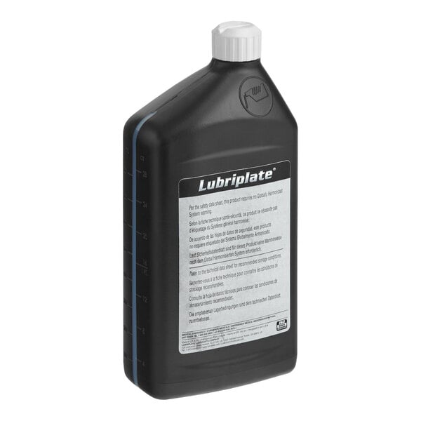 A black 1-quart bottle of Lubriplate vacuum packaging machine pump oil with a white cap and labeled instructions on the front.