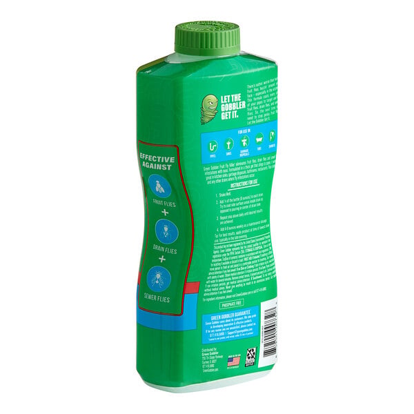 A green plastic bottle of Green Gobbler 32 oz. Drain Fly Treatment.