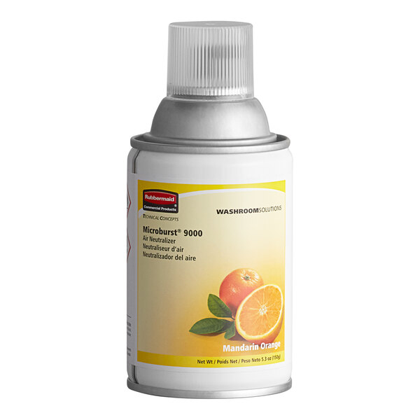 A canister of Rubbermaid Microburst 9000 Mandarin Orange metered aerosol air freshener refill.