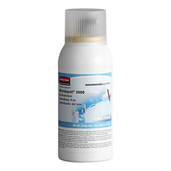 A canister of Rubbermaid Microburst 3000 Linen Fresh metered aerosol air freshener system refill.