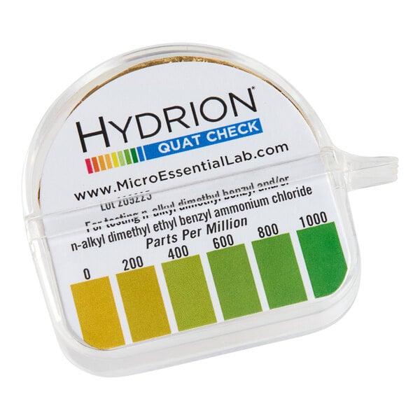 A Hydrion QC-1001 quaternary sanitizer and disinfectant test paper dispenser for measuring 0-1000 ppm.