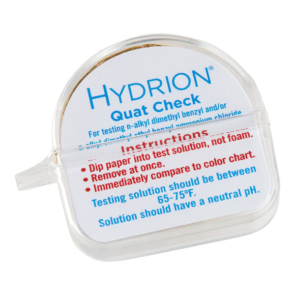 A Hydrion Quat Check high-range sanitizer and disinfectant test paper dispenser.