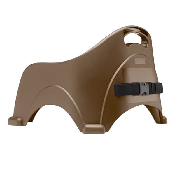 A brown plastic booster seat with a built-in handle and a black safety strap.